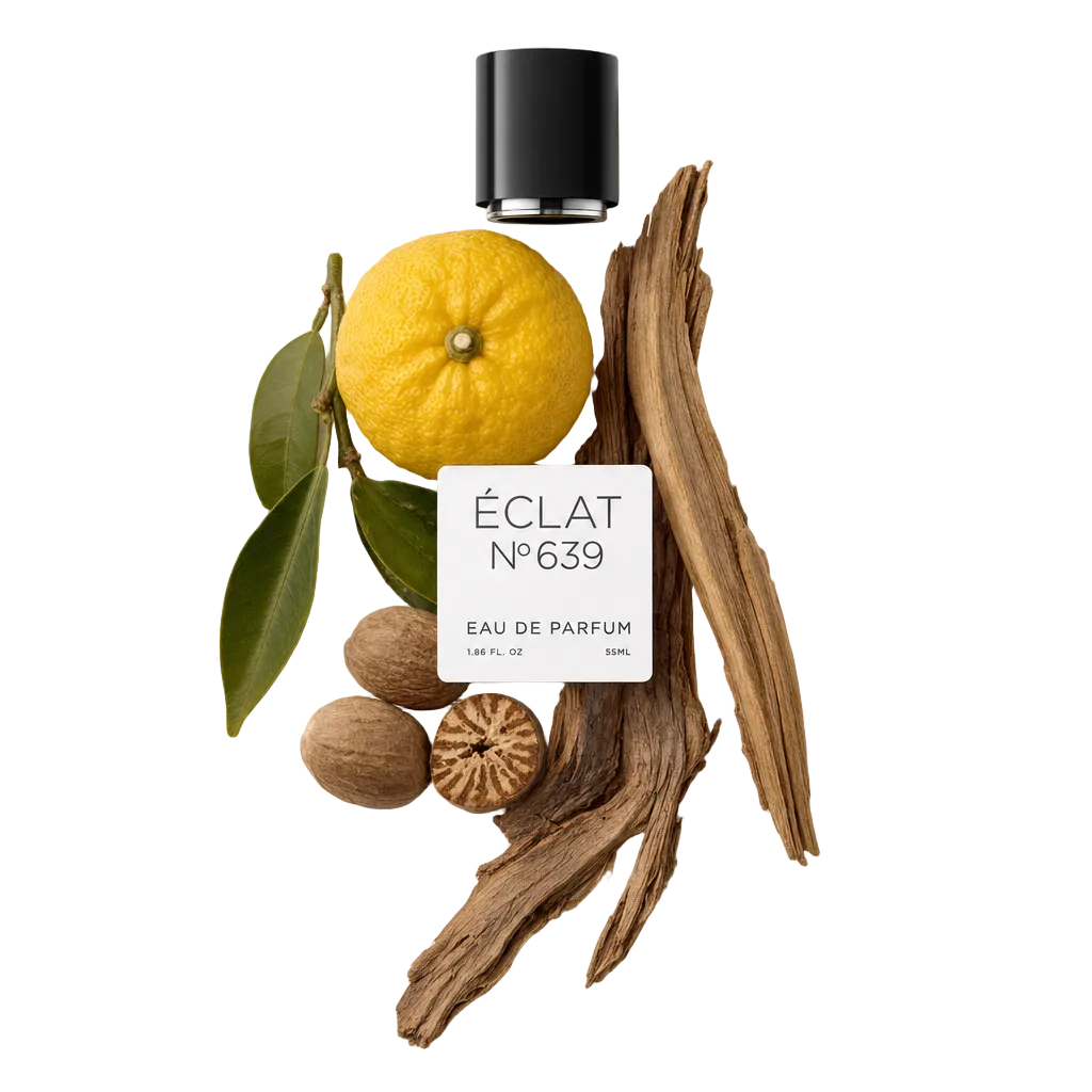 Un arrangiamento di un limone intero, foglie verdi, noce moscata intera e tagliata e pezzi di sandalo, con un tappo nero che presenta l'etichetta ÉCLAT Citrus Sandalwood.