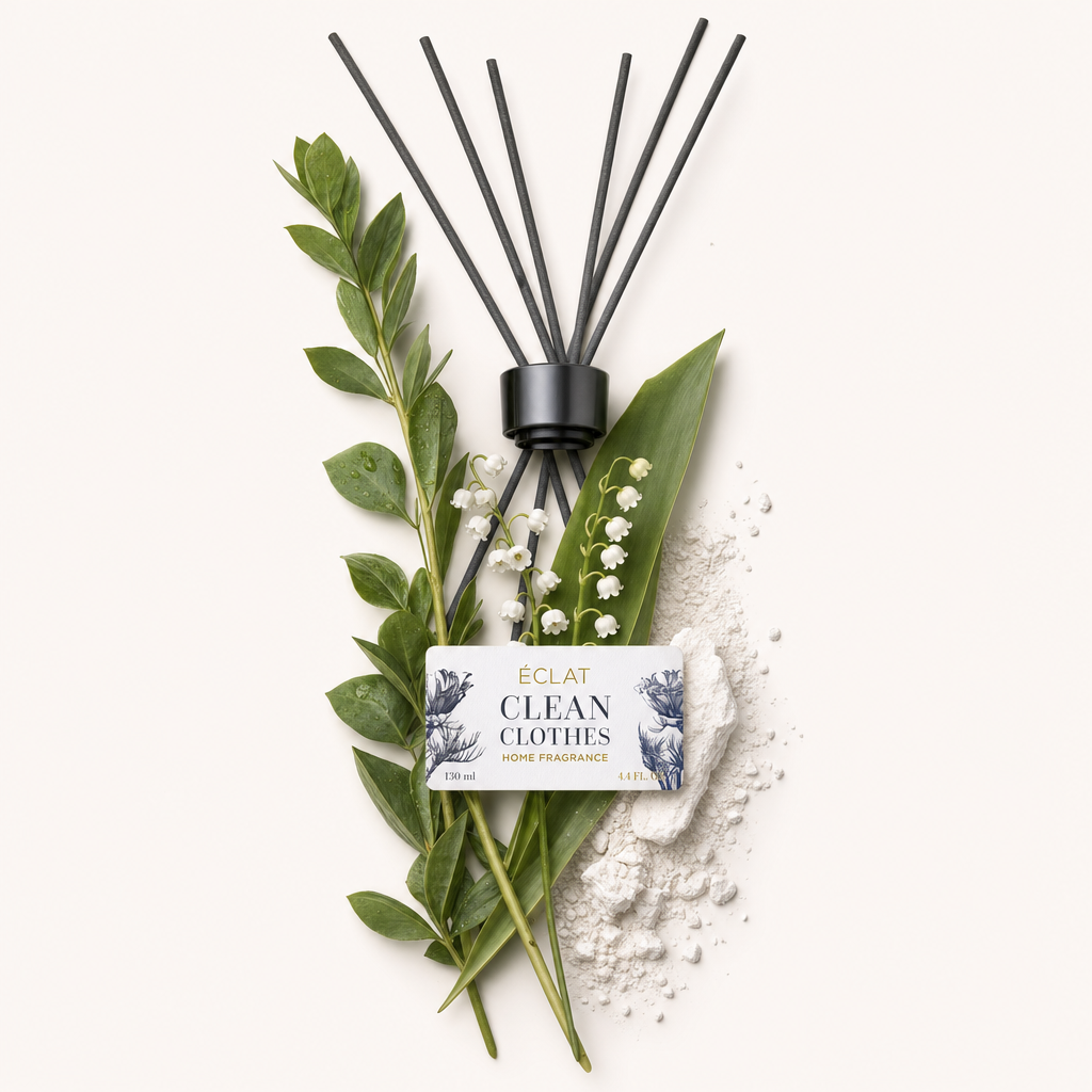 Una disposizione di fogliame verde fresco, delicati fiori di mughetto e un cumulo di polvere bianca circonda il tappo nero con etichetta ÉCLAT Clean Clothes.