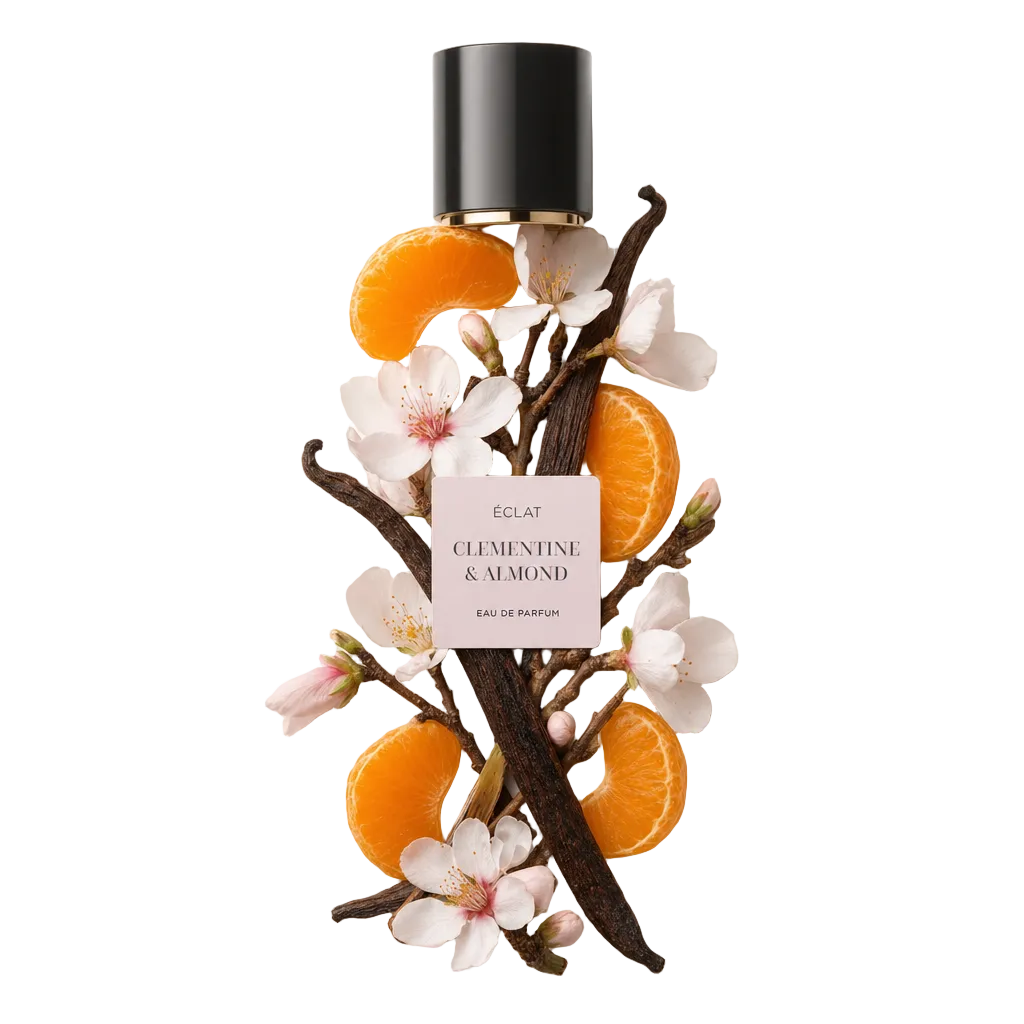 Una composizione di fette di clementina, fiori di mandorlo e baccelli di vaniglia circonda un tappo nero con etichetta per ÉCLAT Clementine & Almond.