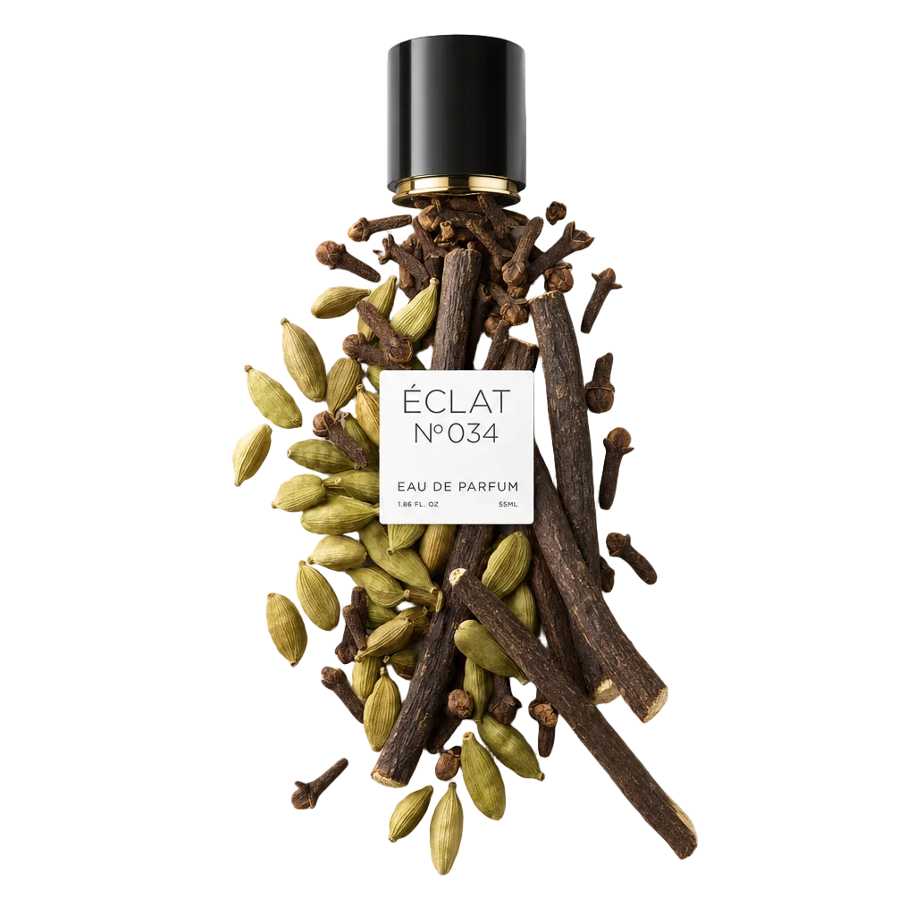 Un elegante arrangiamento di baccelli di cardamomo e chiodi di garofano circonda un tappo nero con etichetta, mettendo in risalto ÉCLAT Cloves & Cardamom.
