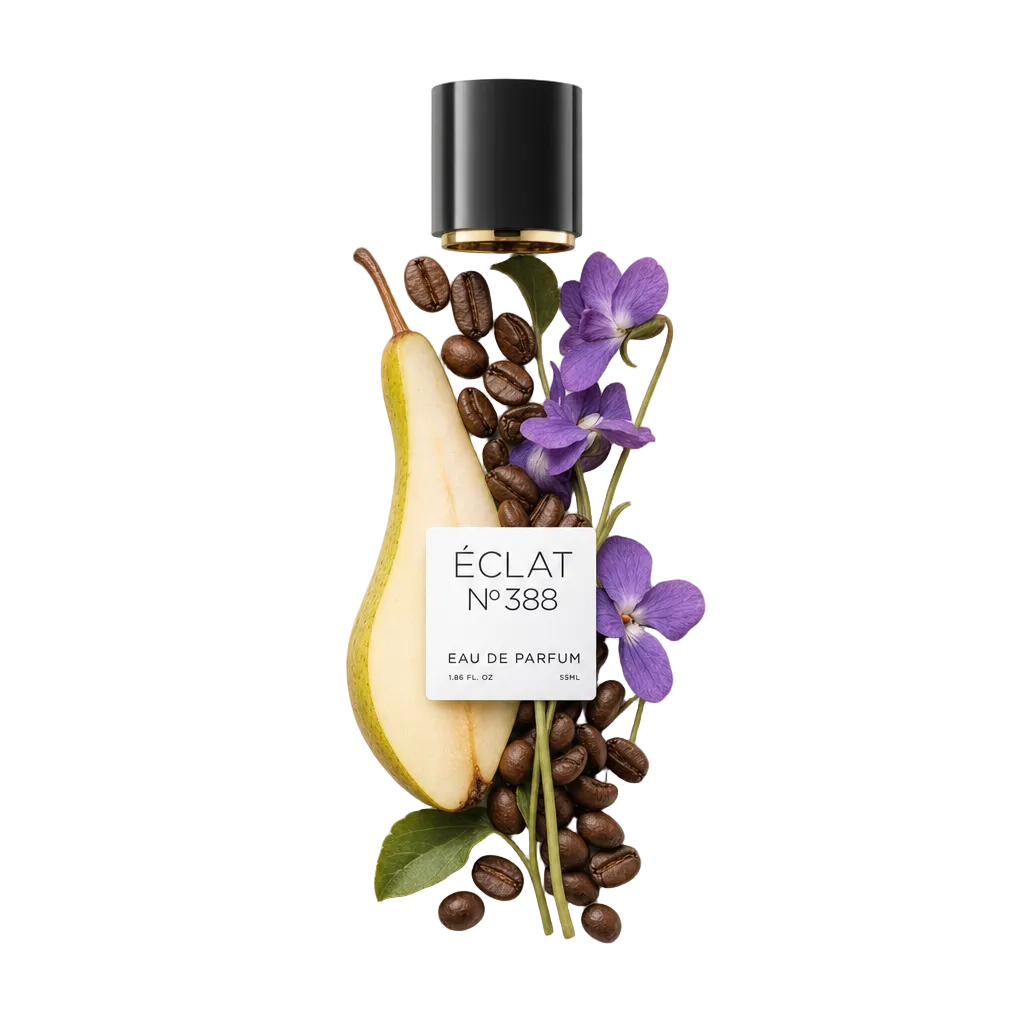 Una composizione di pera tagliata, chicchi di caffè e fiori viola circonda il tappo nero originale con etichetta ÉCLAT.