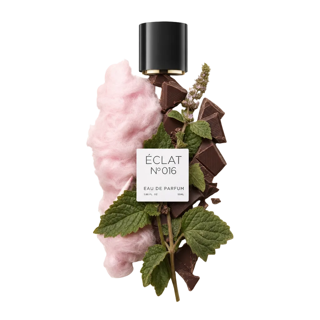 Un arrangiamento di zucchero filato rosa, pezzi di cioccolato e foglie verdi di patchouli circonda un tappo nero con etichetta, rappresentando ÉCLAT Cotton Candy & Patchouli.