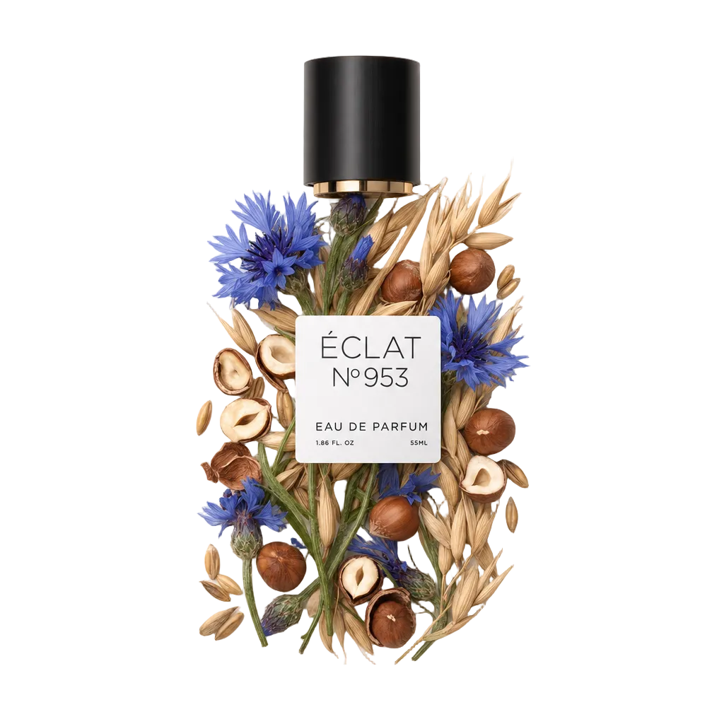 Un arrangiamento di fiordalisi blu e nocciole circonda un tappo nero con un accento dorato, mostrando l'etichetta ÉCLAT Creamy Cornflower.