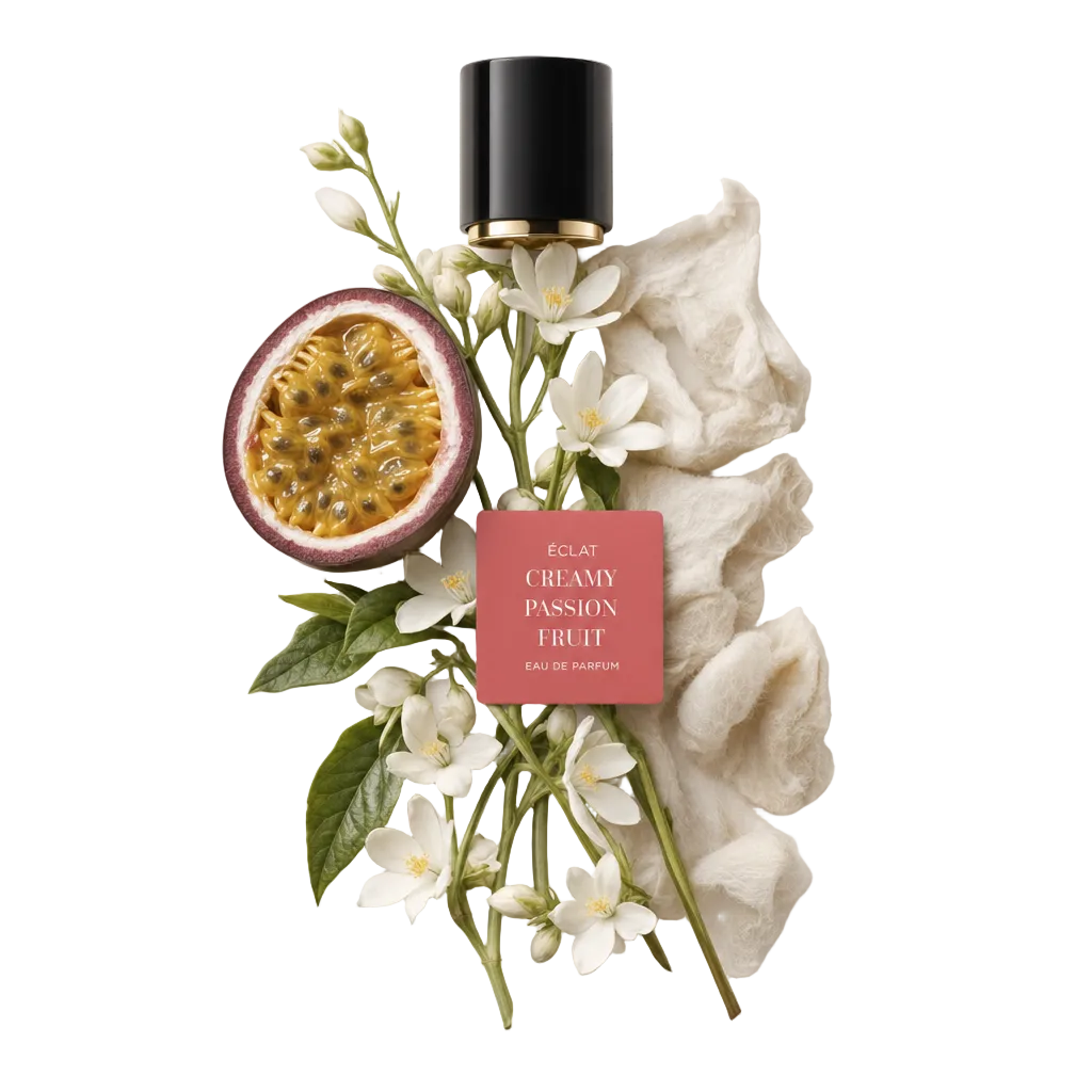 Una composizione di frutto della passione, fiori bianchi e tessuto morbido accompagnata dal tappo nero originale di ÉCLAT con etichetta.