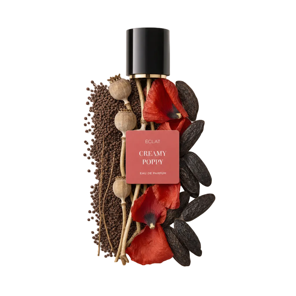 Un tappo nero con etichetta sopra una composizione artistica di petali di papavero, baccelli di vaniglia e semi. L'etichetta riporta ÉCLAT Creamy Poppy.