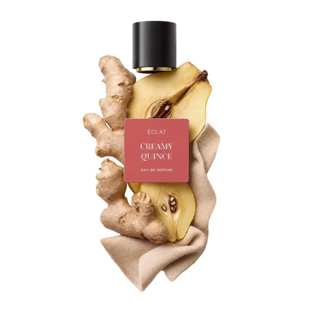 Un arrangiamento di still life con radici di zenzero e fette di cotogna, con tappo nero ed etichetta 'ÉCLAT Creamy Quince'.