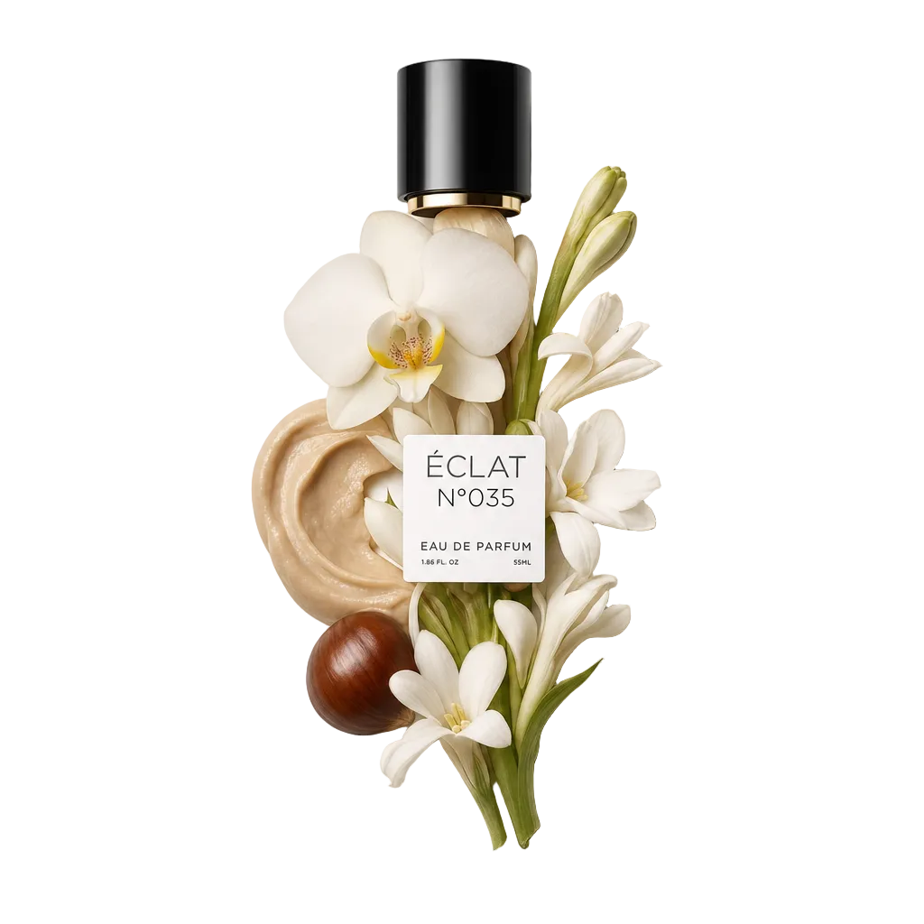 Una composizione di consistenza cremosa, fiori di tuberosa bianchi e un'orchidea circonda un cappuccio nero con etichetta per ÉCLAT Creamy Tuberose.
