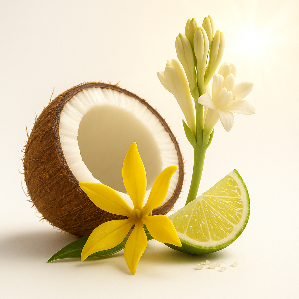 Cocco aperto, fiore di ylang-ylang giallo, fior di tuberosa e spicchio di lime disposti in luce soffusa.