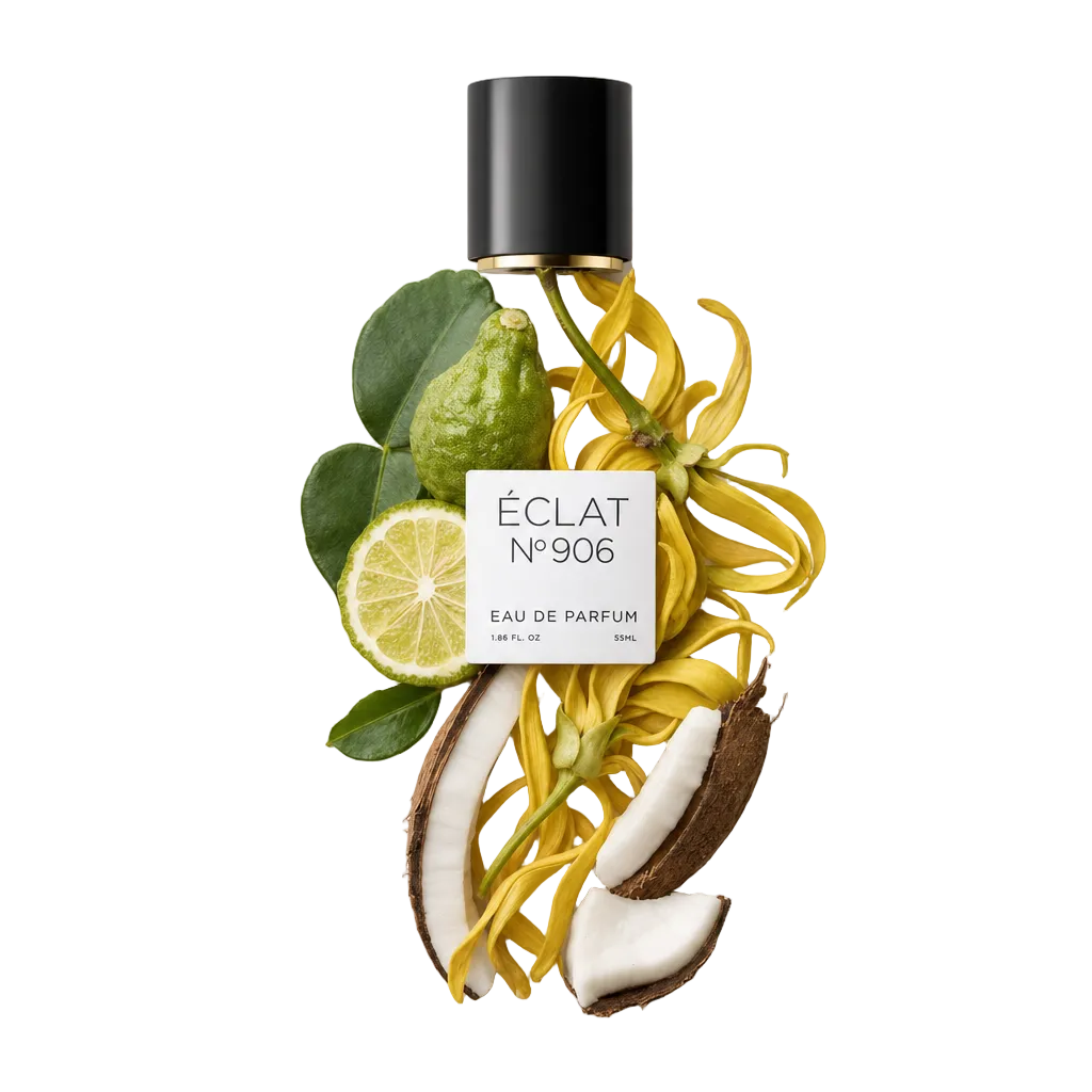 Un arrangiamento di fiori di ylang-ylang, bergamotto e pezzi di cocco circonda un tappo nero con etichetta ÉCLAT 906 VIP.