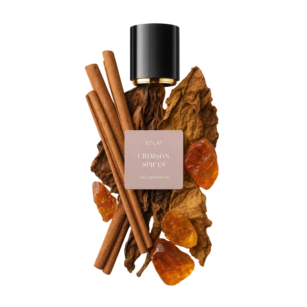 Un arrangiamento di bastoncini di cannella, foglie di tabacco secche e pietre d'ambra circonda il tappo nero con l'etichetta ÉCLAT Crimson Spices.