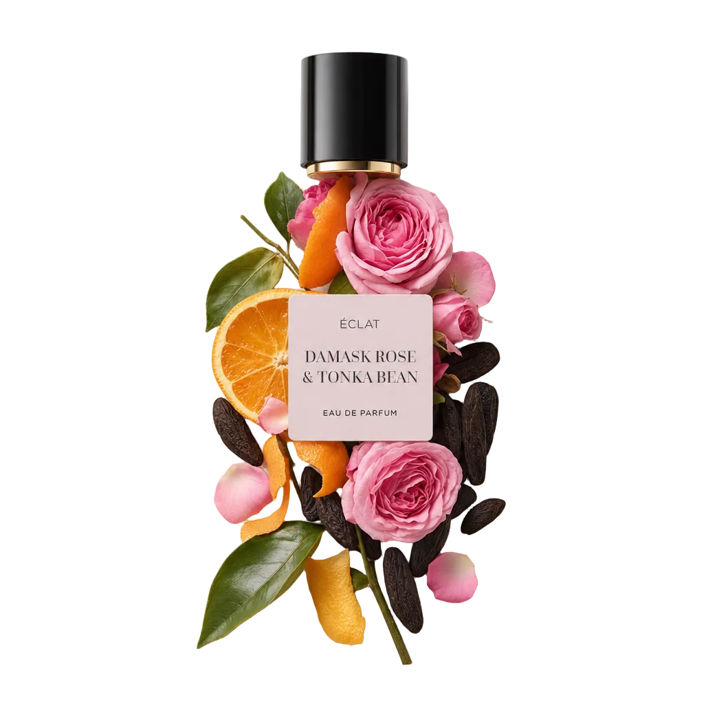 Un elegante arrangiamento di petali di rosa freschi, fagioli tonka interi e fette di arancia vivace circonda un tappo nero con etichetta ÉCLAT Damask Rose & Tonka Bean.