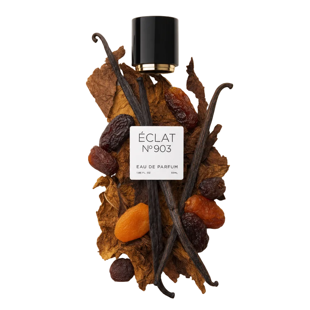 Un arrangiamento di foglie di tabacco, frutta secca e baccelli di vaniglia circonda un tappo nero con etichetta, rappresentando ÉCLAT VIP - Dry Fruits, Vanilla & Tobacco.