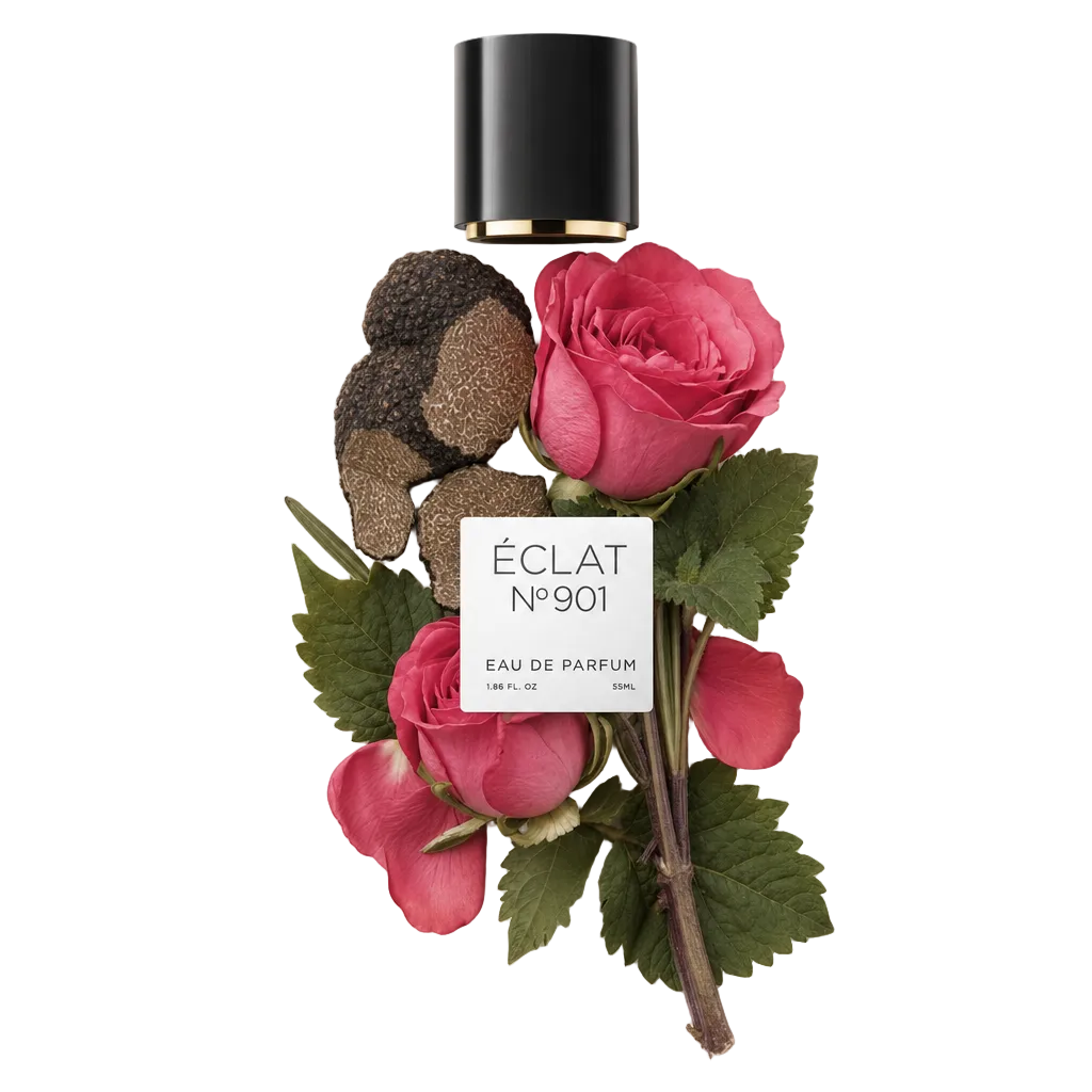 Un arrangiamento di rose rosa vivaci e fette di tartufo terroso circonda un tappo nero con etichetta per ÉCLAT VIP - Earthy Rose.