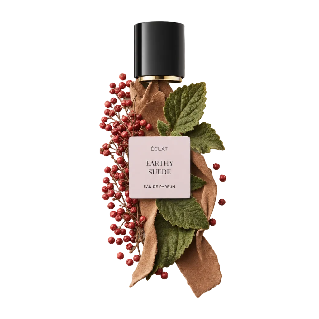 Un arrangiamento di bacche rosse, tessuto simile al camoscio e foglie verdi fresche giace sotto un tappo nero con etichetta ÉCLAT Earthy Suede.