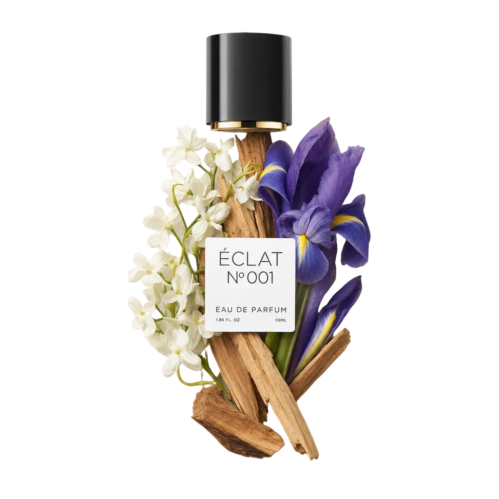 Un arrangiamento artistico di fiori bianchi, bastoncini di legno e un'iride viola circondano un tappo nero con accento dorato, etichettato per ÉCLAT Floral Aldehydes.