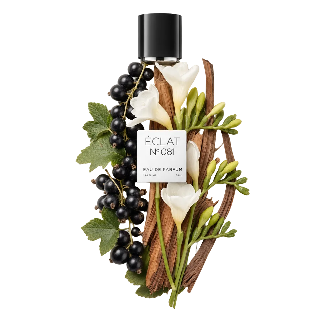 Un insieme di ribes nero, fiori bianchi, foglie verdi e bastoncini legnosi circonda il tappo nero originale con etichetta di ÉCLAT Floral Blackberry.