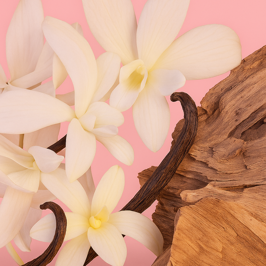 Immagine di ÉCLAT Floral Blackcurrant con fiori bianchi, baccelli di vaniglia e legno su sfondo rosa.