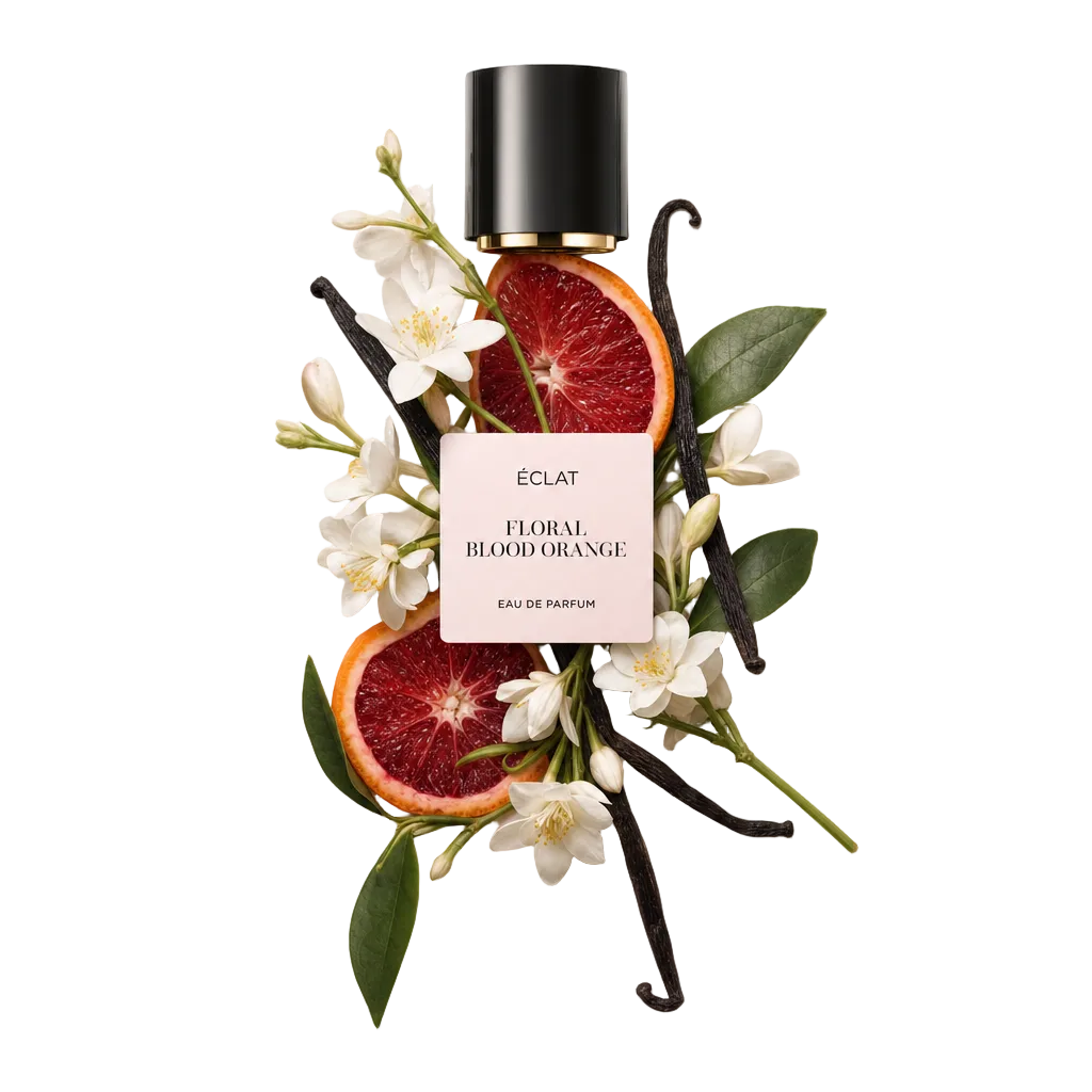 Un arrangiamento di fette di arancia rossa, fiori bianchi e baccelli di vaniglia, sormontato da un tappo nero con etichetta ÉCLAT Floral Blood Orange.