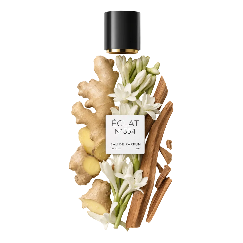 Un arrangiamento di radici di zenzero, fiori bianchi e bastoncini di cannella sotto un tappo nero con etichetta ÉCLAT Floral Ginger.