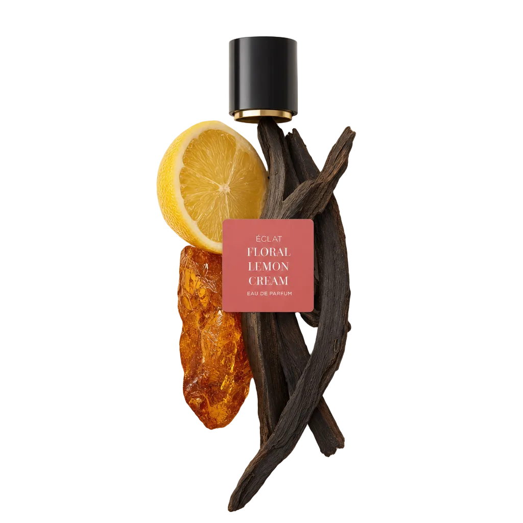 Un arrangiamento di mezzo limone, resina d'ambra e baccelli di vaniglia con un tappo nero che mostra l'etichetta ÉCLAT Floral Lemon Cream.