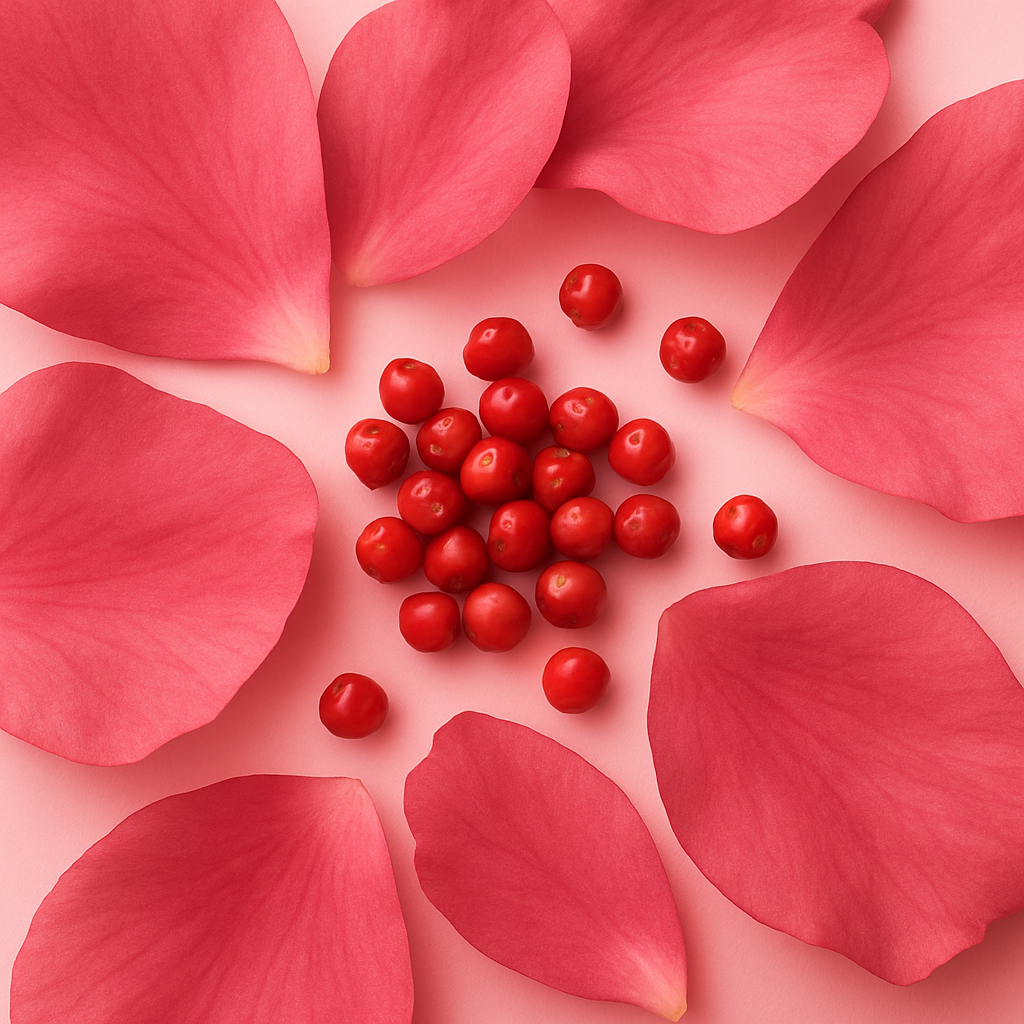Petali di rosa rosa e un gruppo di piccole bacche rosse su uno sfondo rosa tenue, che simboleggiano ÉCLAT Floral Musk.