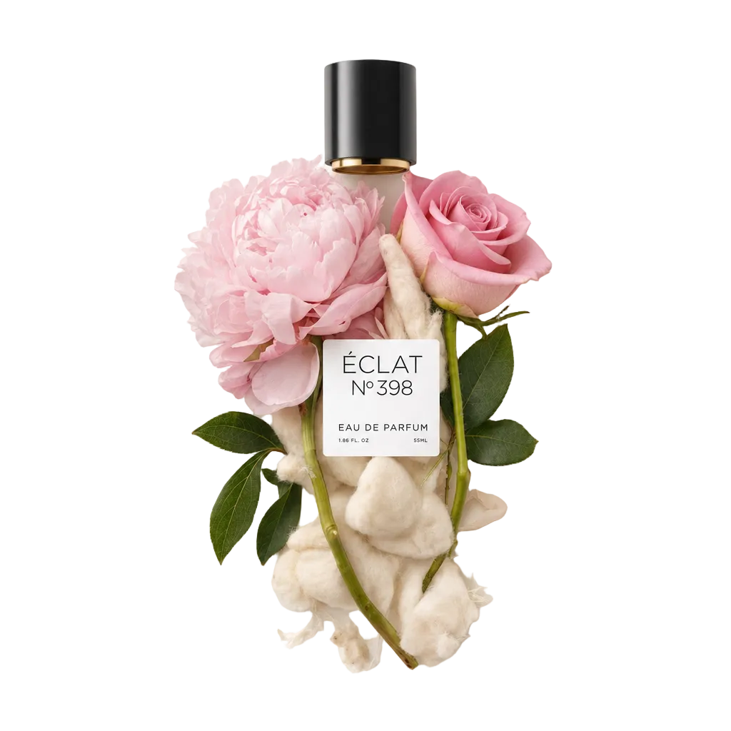 Una natura morta disposta a mano con una delicata peonia rosa e rosa, accompagnata da cotone morbido, che circonda un tappo nero con etichetta ÉCLAT Floral Musk.