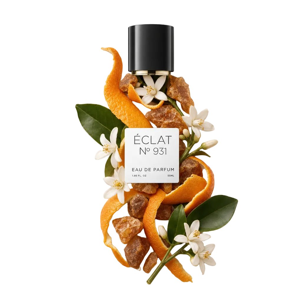 Un arrangiamento di bucce d'arancia, fiori bianchi e pezzi di resina circonda un tappo nero con etichetta, ÉCLAT Floral Neroli.