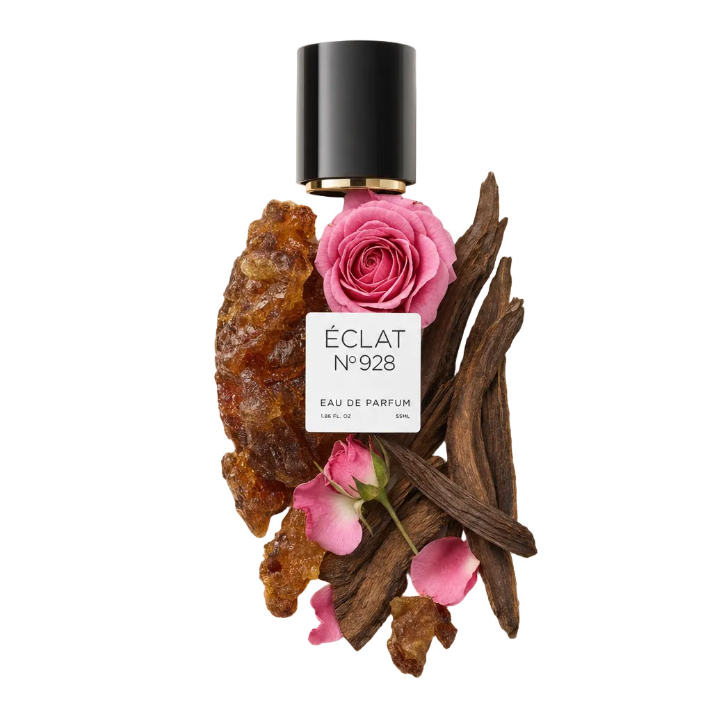 Un arrangiamento di ingredienti ÉCLAT Floral Oud con tappo nero ed etichetta, presenta rosa rosa, legno di oud e resina d'ambra.
