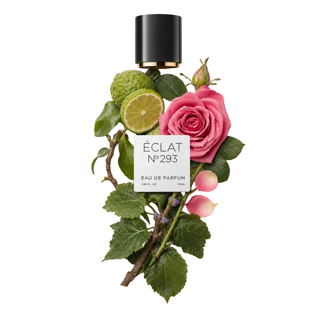 Un tappo nero con etichetta si trova sopra un arrangiamento di rosa rosa, fette di lime e foglie verdi, rappresentando ÉCLAT Floral Patchouli.