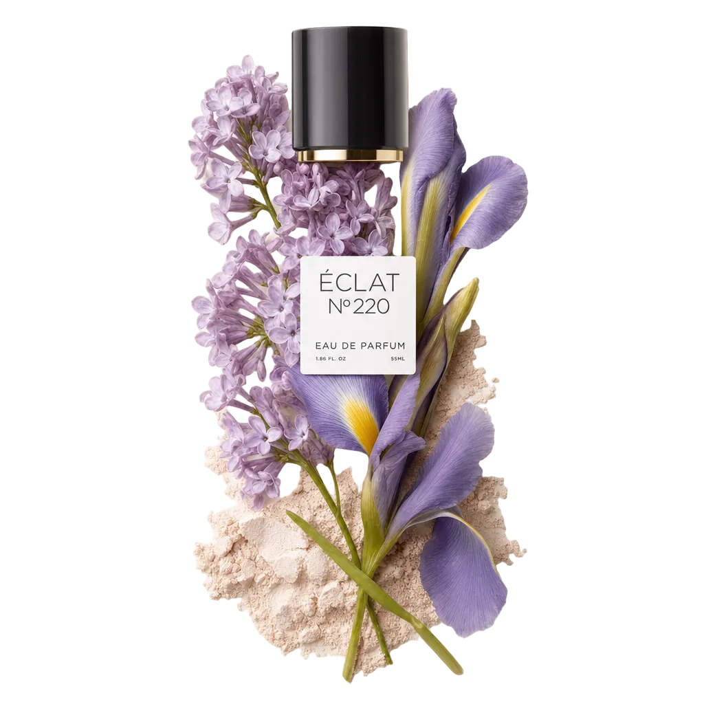 Un arrangiamento di delicati fiori di lillà e iris con una spolverata di polvere soffice circonda il cappuccio originale di ÉCLAT, con un'etichetta elegante.