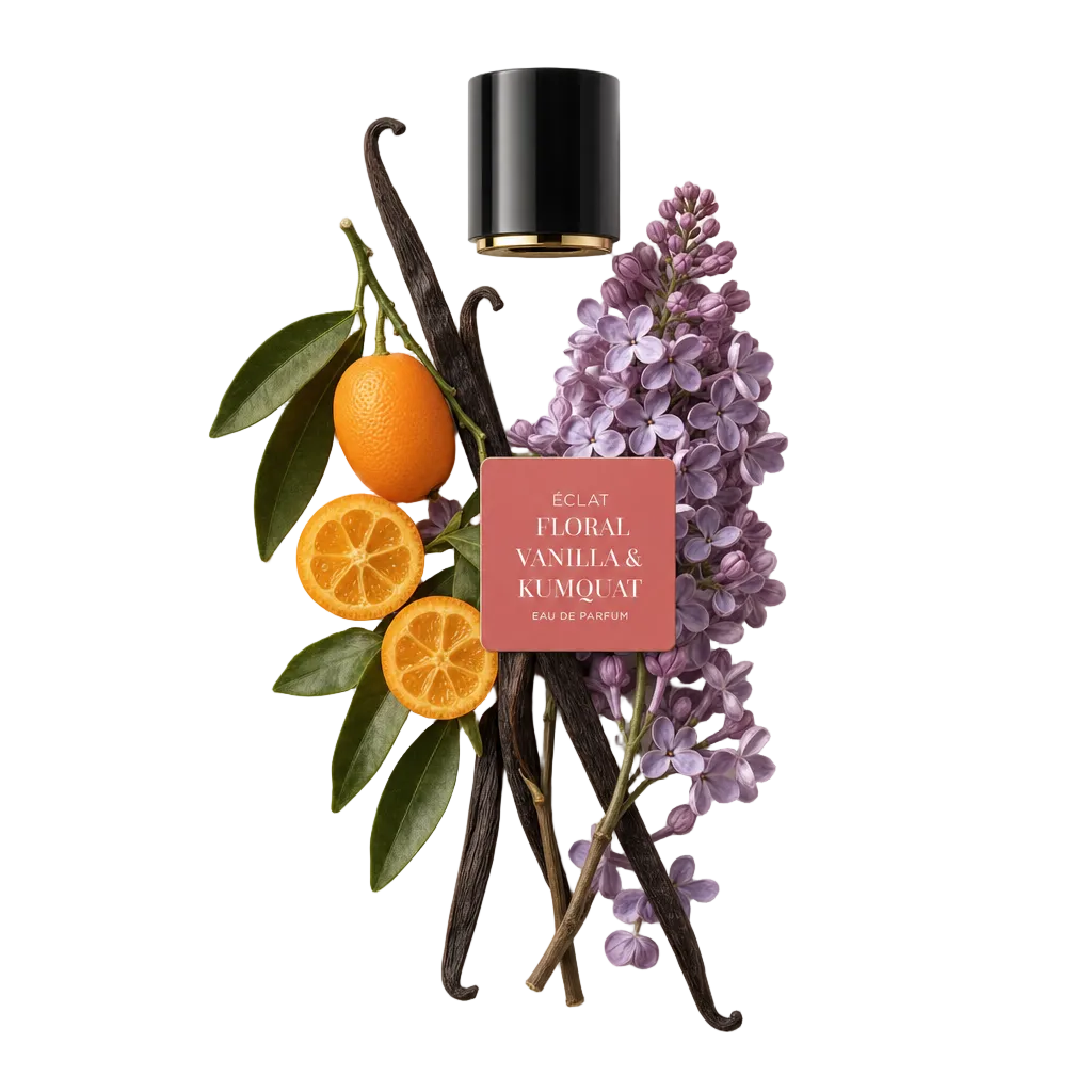Una composizione di fiori di lillà, kumquat freschi e baccelli di vaniglia circonda un tappo nero con etichetta, rappresentando ÉCLAT Floral Vanilla & Kumquat.