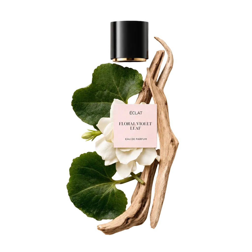 Una composizione di foglie di violetta verdi, delicati fiori bianchi e legni chiari circonda un tappo nero con etichetta ÉCLAT Floral Violet Leaf.