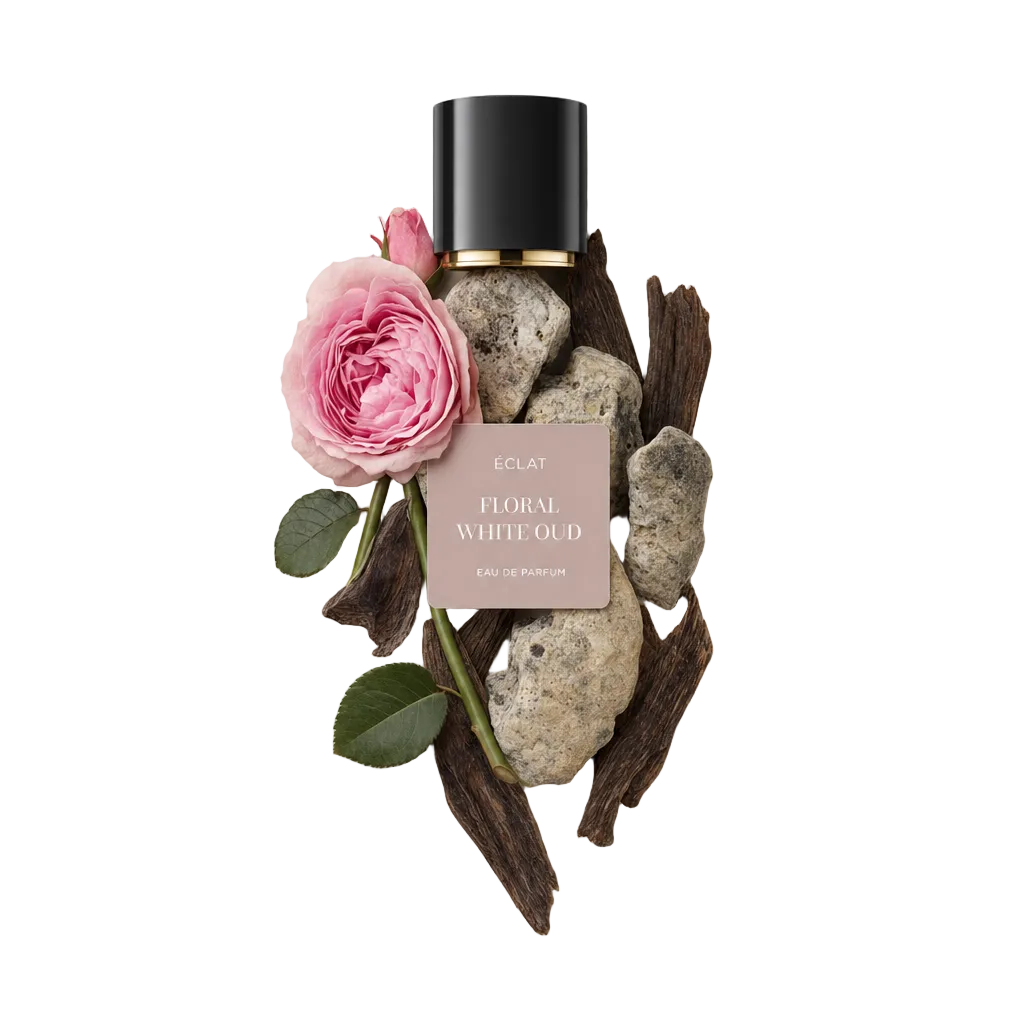 Un arrangiamento per ÉCLAT Floral White Oud, con una rosa rosa, pietre testurizzate e pezzi di legno scuro sotto un tappo nero con fascia dorata.