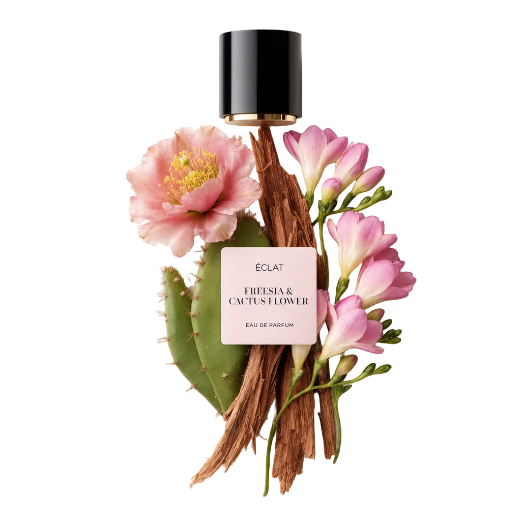 Una composizione di fiori di cactus rosa, fresie fresche e foglie di cactus lussureggianti è artisticamente disposta attorno a un tappo nero con etichetta ÉCLAT Freesia & Cactus Flower.