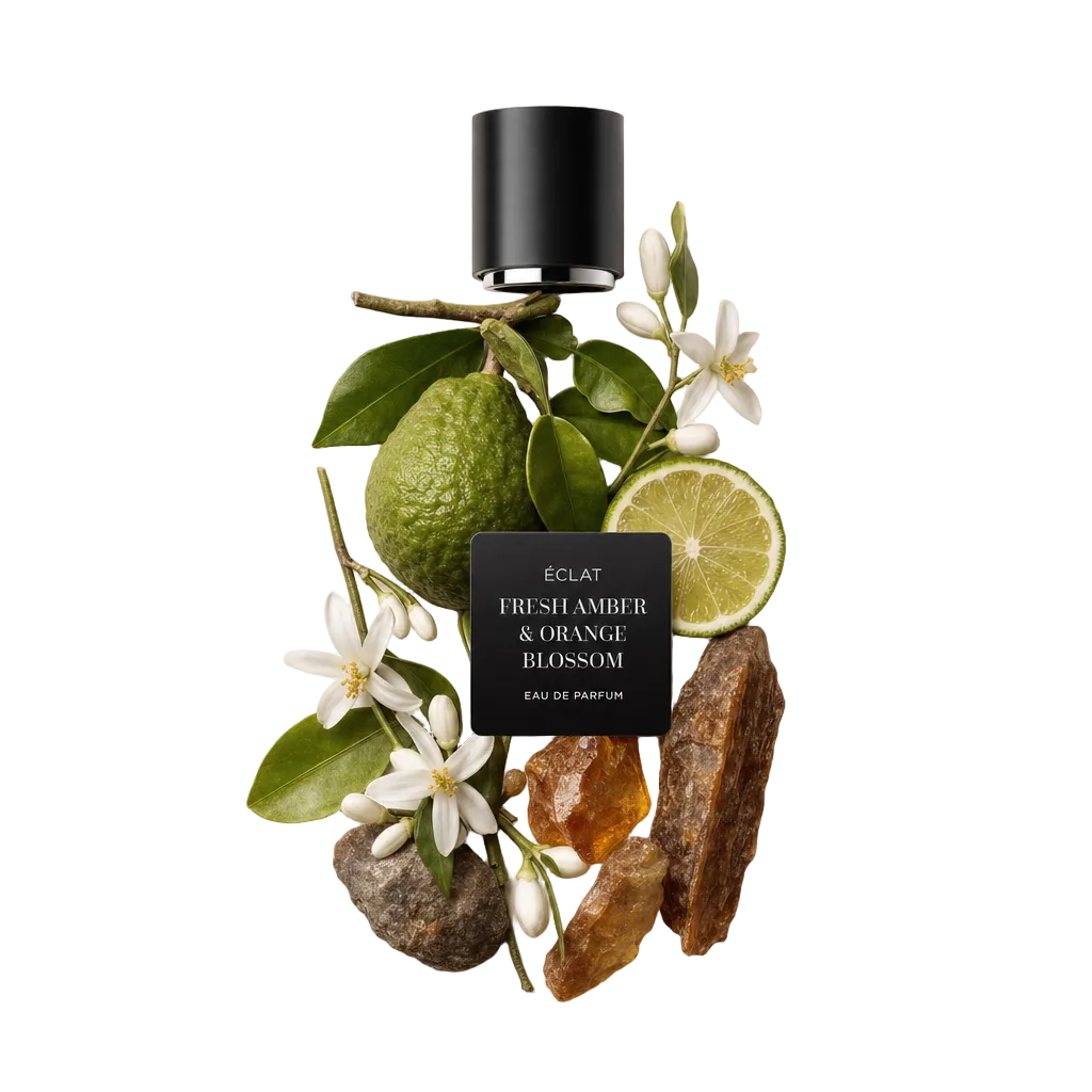 Un arrangiamento di ingredienti fragranti con un bergamotto intero, fetta di lime, fiori d'arancio, resina d'ambra e un tappo nero ÉCLAT con etichetta.