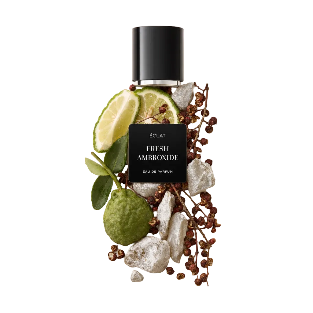 Un arrangiamento di bergamotto, fette di lime e grani di pepe circonda elegantemente il tappo nero con etichetta di ÉCLAT Fresh Ambroxide.
