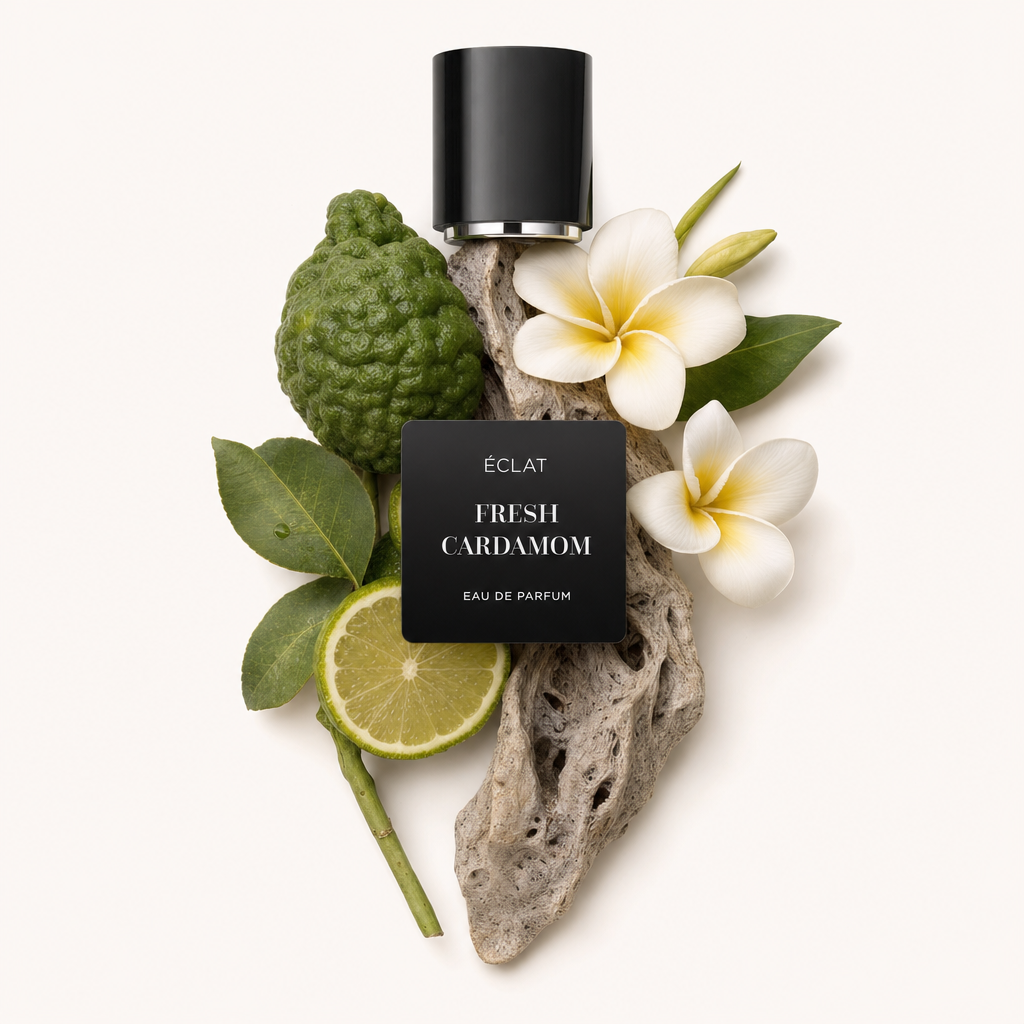 Un arrangiamento di lime kaffir, fetta di lime, fiori di frangipani e un pezzo di legno testurizzato, sormontato dal tappo nero originale di ÉCLAT FRESH CARDAMOM.