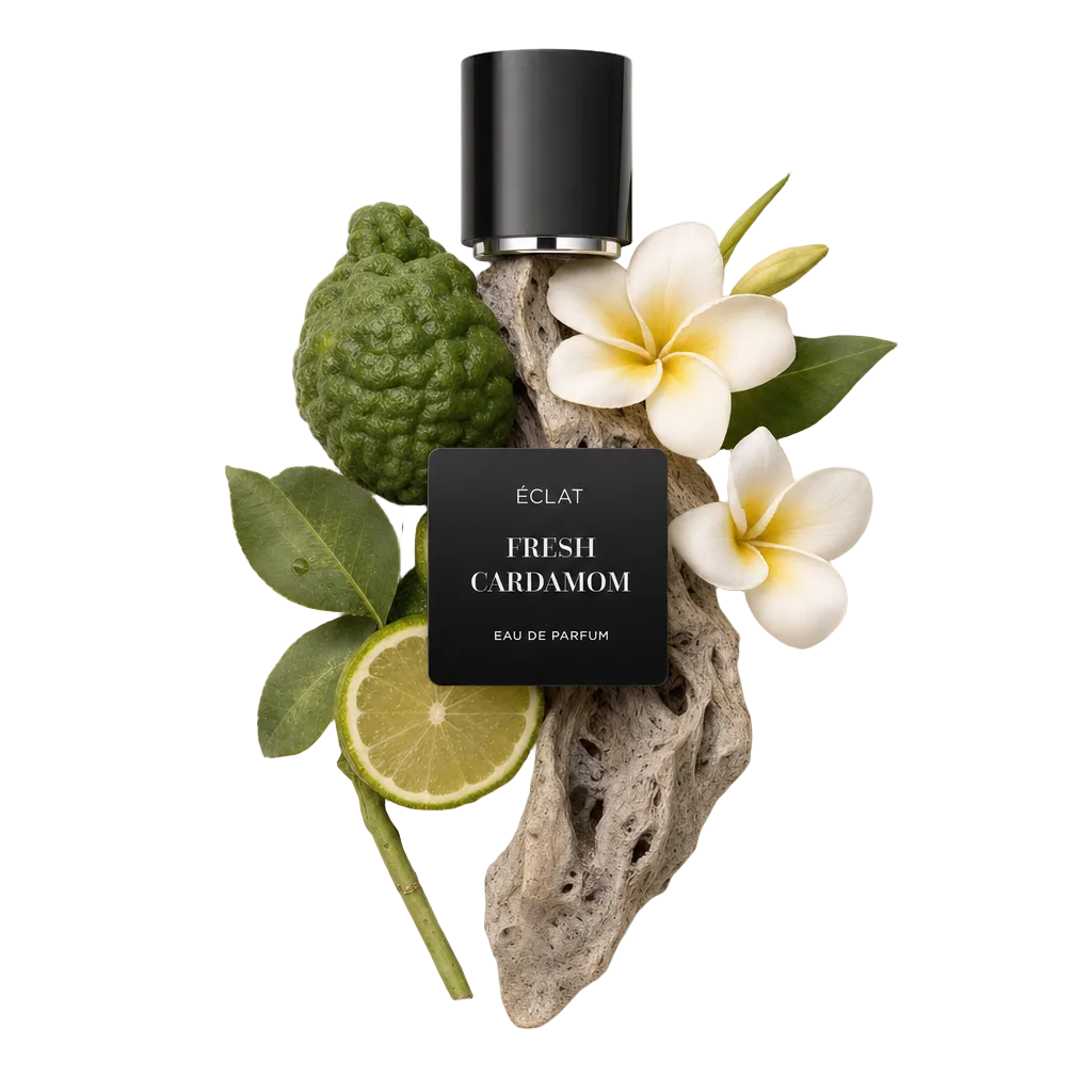 Un arrangiamento di lime kaffir, fetta di lime, fiori di frangipani e un pezzo di legno testurizzato, sormontato dal tappo nero originale di ÉCLAT FRESH CARDAMOM.
