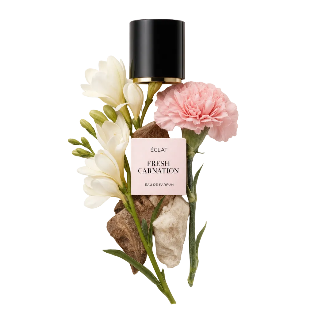 Un delicato arrangiamento di fresie bianche, un garofano rosa e pietre circonda un tappo nero con una fascia dorata e l'etichetta ÉCLAT Fresh Carnation.