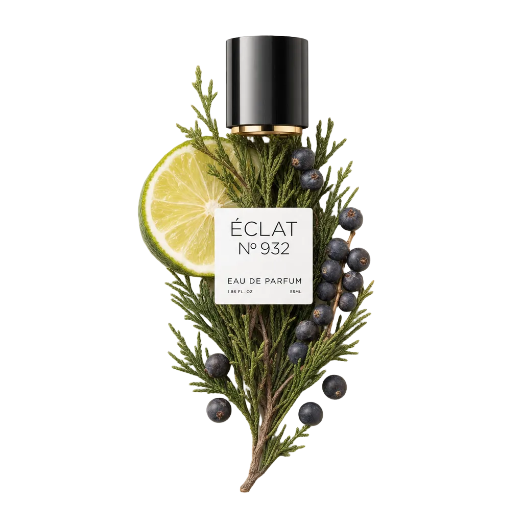 Un tappo nero con bordo dorato su un arrangiamento di cipresso fresco, fetta di lime e bacche di ginepro, che rappresenta la fragranza ÉCLAT Fresh Cypress.
