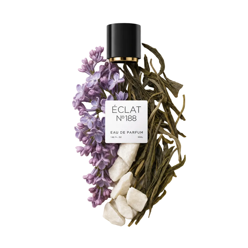 Un arrangiamento di fiori di lillà, foglie di tè verde e pietre bianche accanto a un tappo nero con dettaglio dorato ed etichetta ÉCLAT Fresh Lilac.