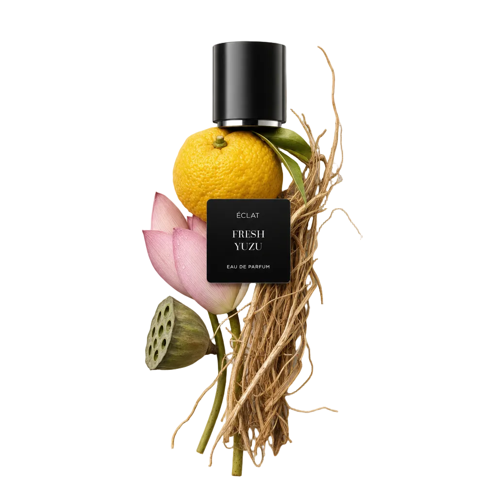 Un arrangiamento di frutto di yuzu fresco, petali di loto rosa e erba secca circonda un tappo nero con etichetta per ÉCLAT Fresh Yuzu.