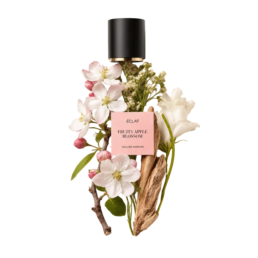 Una composizione di fiori di melo, ramoscelli e delicati fiori bianchi circonda un tappo nero con etichetta per ÉCLAT Fruity Apple Blossom.