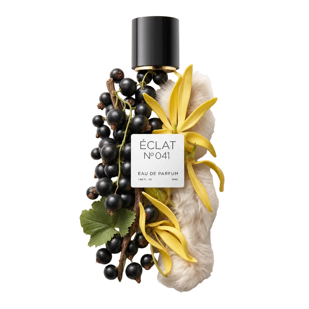 Una composizione di ribes nero, fiori di ylang-ylang e bastoncini di vaniglia circonda un tappo nero con un'etichetta recante il nome ÉCLAT Fruity Cassis.