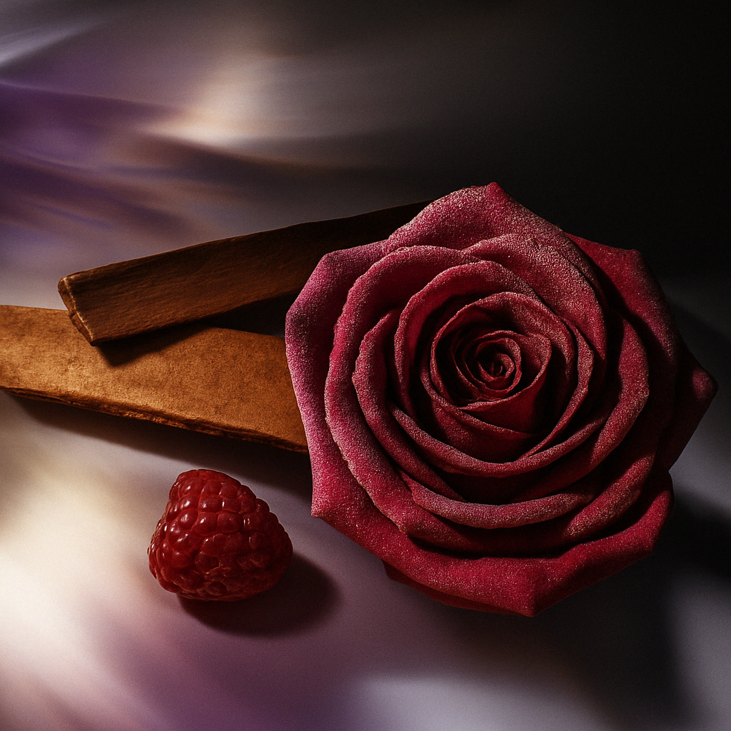 Una rosa rosso intenso è accompagnata da bastoncini di cannella e un lampone maturo, simbolizzando le note di ÉCLAT Fruity Dark Rose.