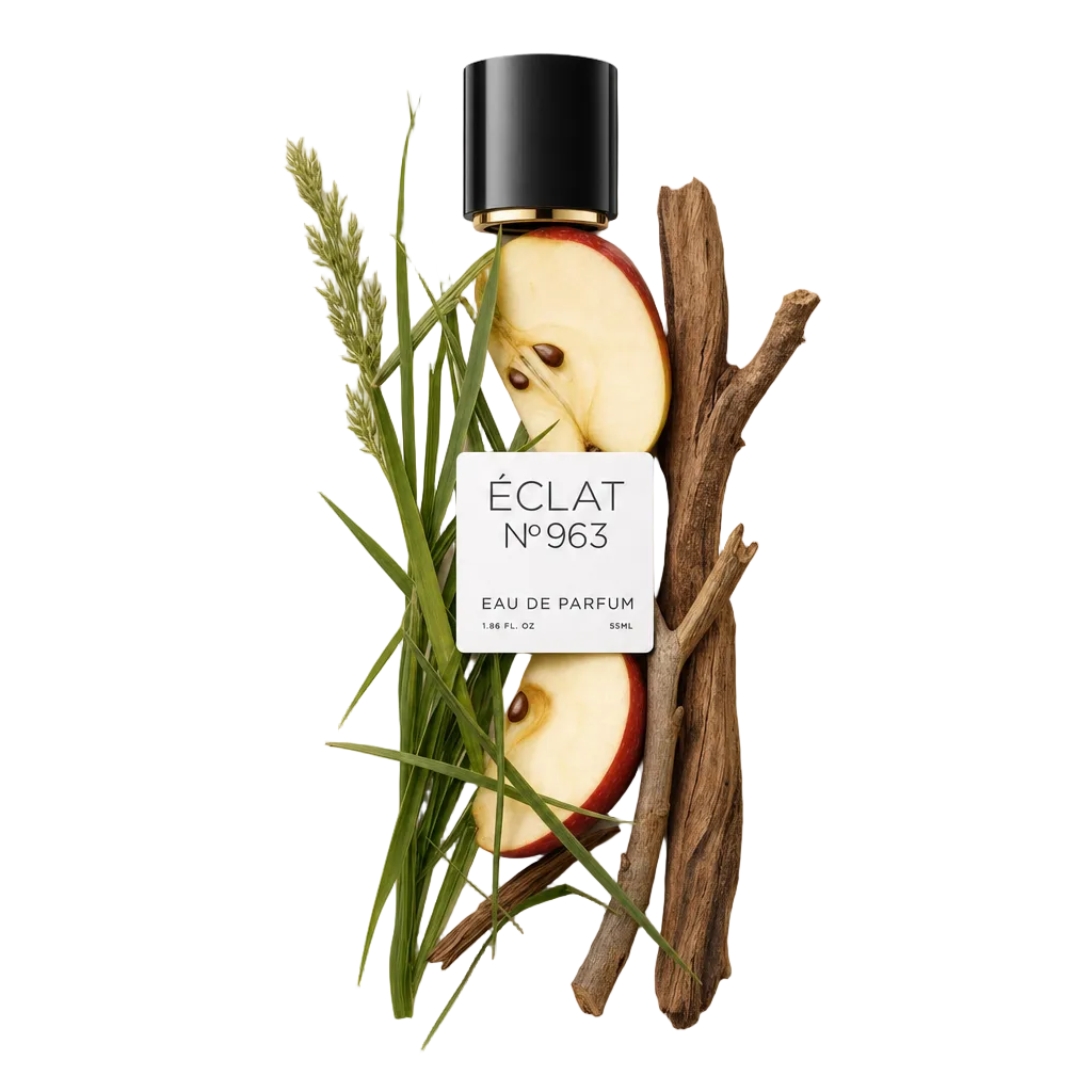 Un arrangiamento di fette di mela, erba fresca e bastoncini di legno circonda un tappo nero con etichetta di ÉCLAT Fruity Grass.