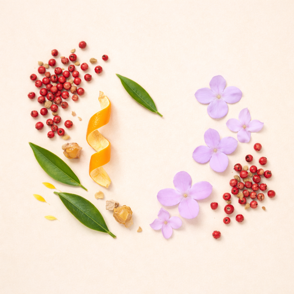 Disposizione di fiori lilla, grani di pepe rosso, foglie verdi, scorza di agrumi e resina evoca le note di ÉCLAT Fruity Lilac.