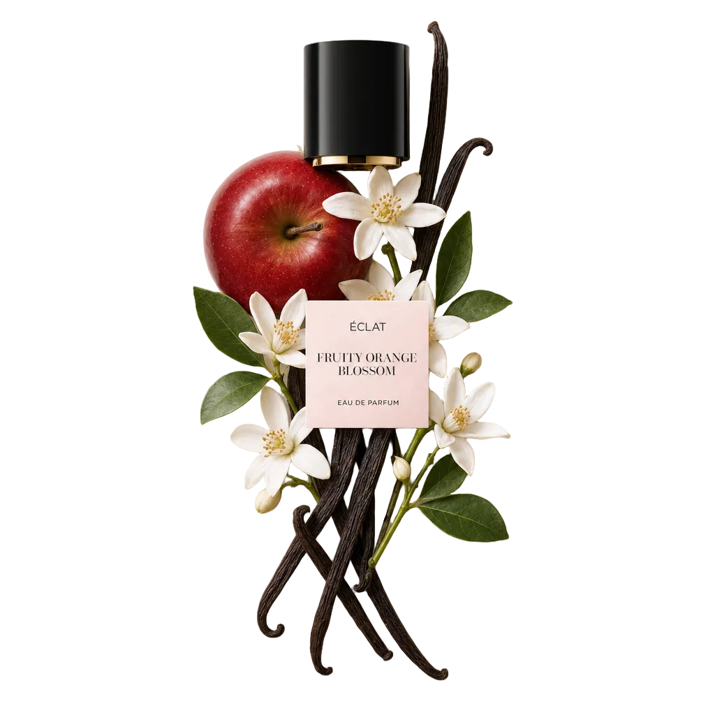 Un'artistica disposizione di una mela rossa, fiori d'arancio bianchi e baccelli di vaniglia circonda il tappo nero con l'etichetta ÉCLAT Fruity Orange Blossom.