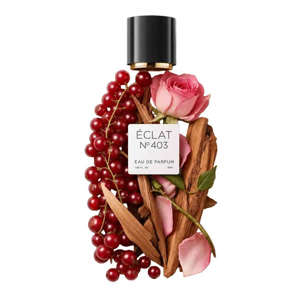 Una disposizione di ribes rosso, petali di rosa rosa e trucioli di legno circonda un tappo nero con etichetta ÉCLAT Fruity Rose.