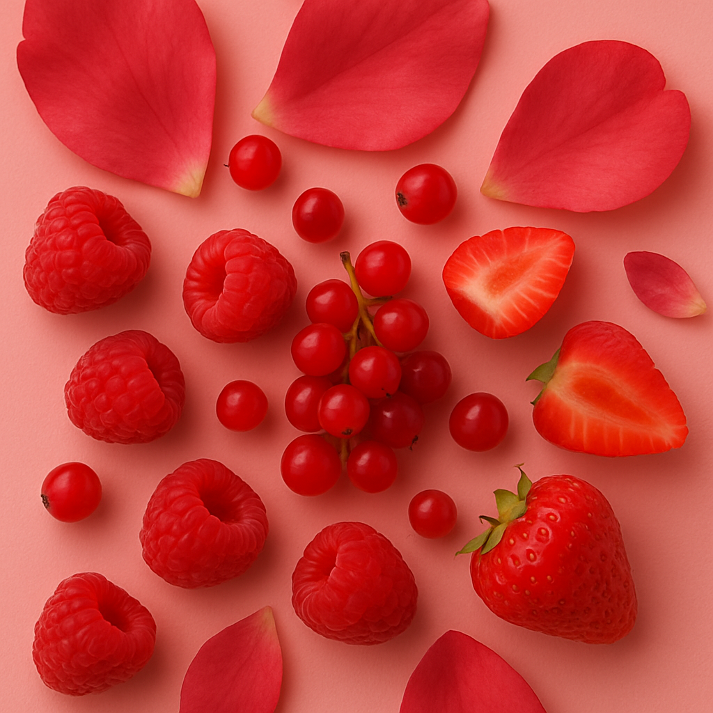 Petali di rosa rossi, lamponi, ribes e fragole su uno sfondo rosa tenue.